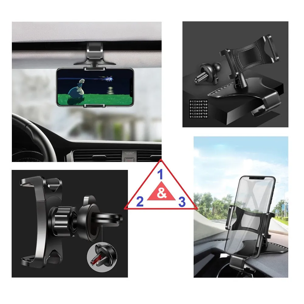 3 in 1 Car GPS Smartphone Holder: Dashboard / Visor Clamp   AC Grid Clip for FLY LIFE COMPACT 4G (2018) - Black