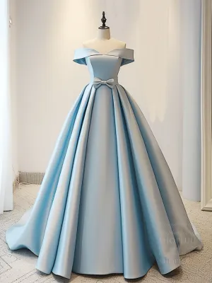 A-Line Off Shoulder Satin Blue Long Prom Dress, Blue Long Evening Dress