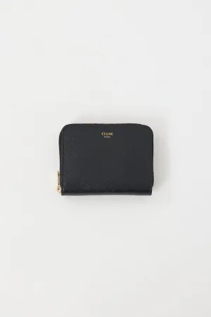 Black Pebbled Leather Compact Zip Wallet