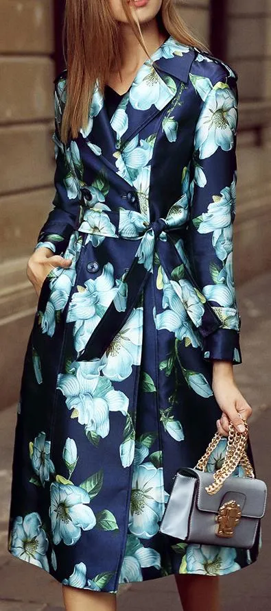Blue Floral Print Trench Coat