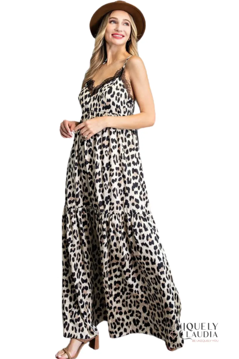 Carmen Animal Print Lace V-Neck Maxi Dress