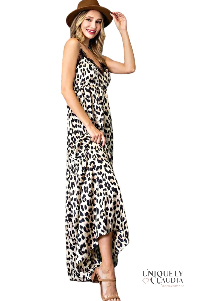 Carmen Animal Print Lace V-Neck Maxi Dress