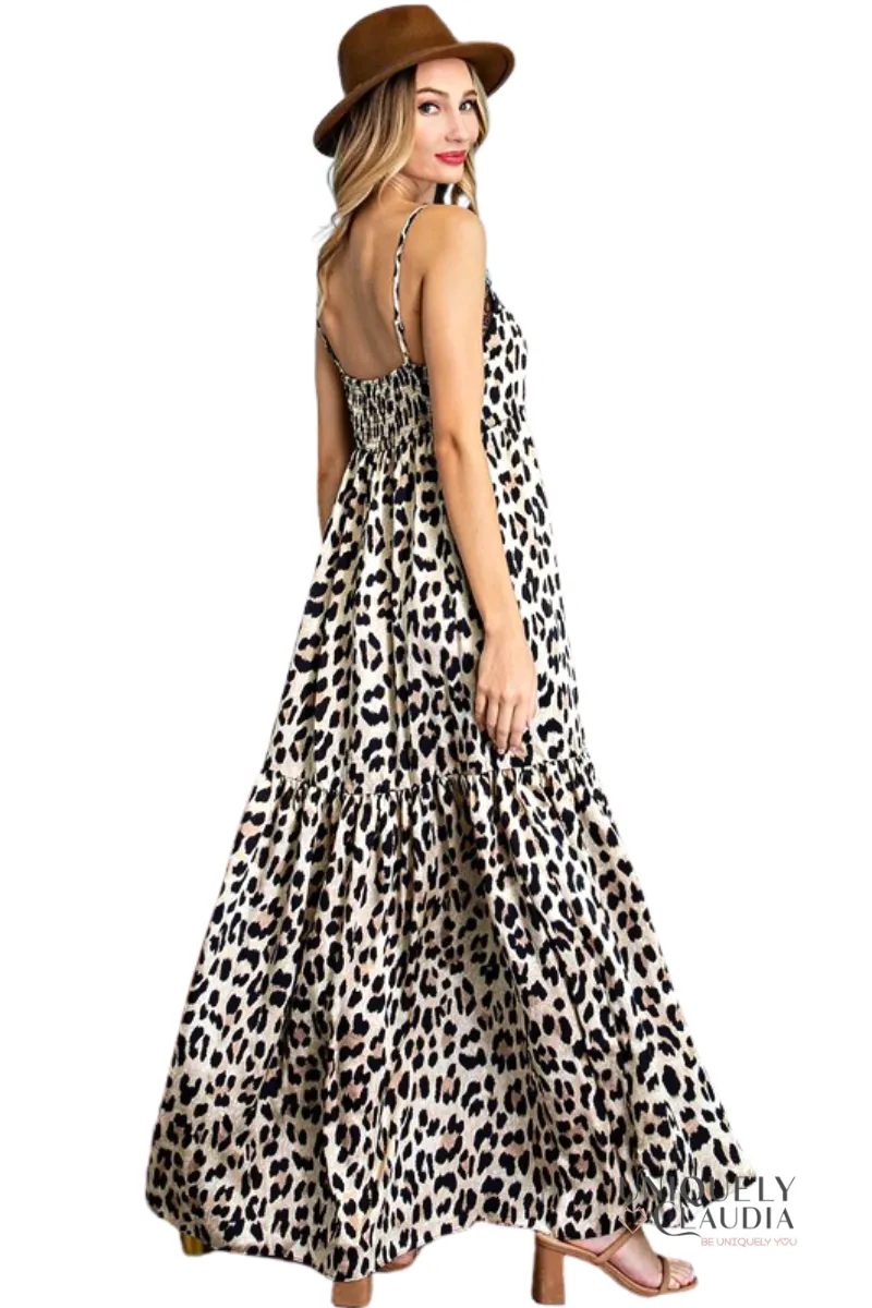 Carmen Animal Print Lace V-Neck Maxi Dress