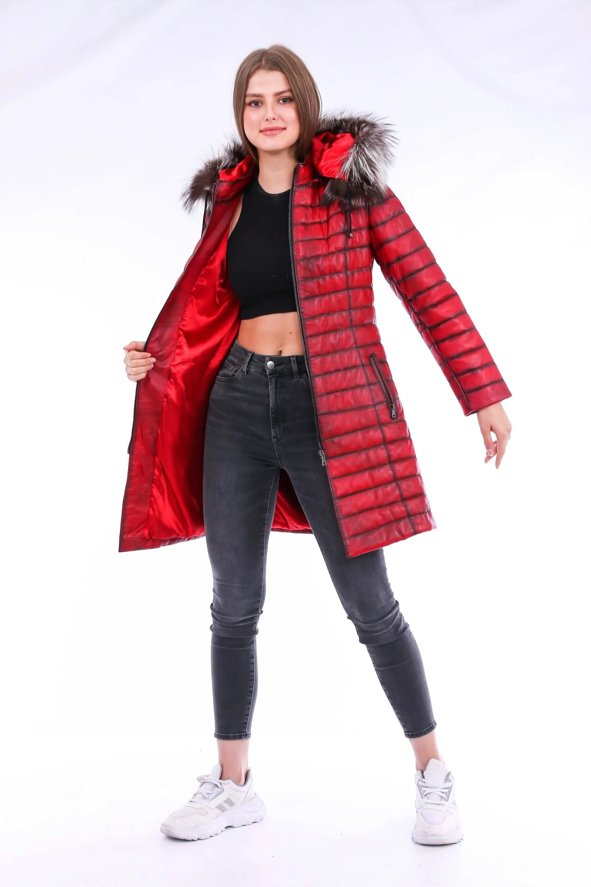 Chic Red Leather Trench Coat with Detachable Hood for Effortless Style