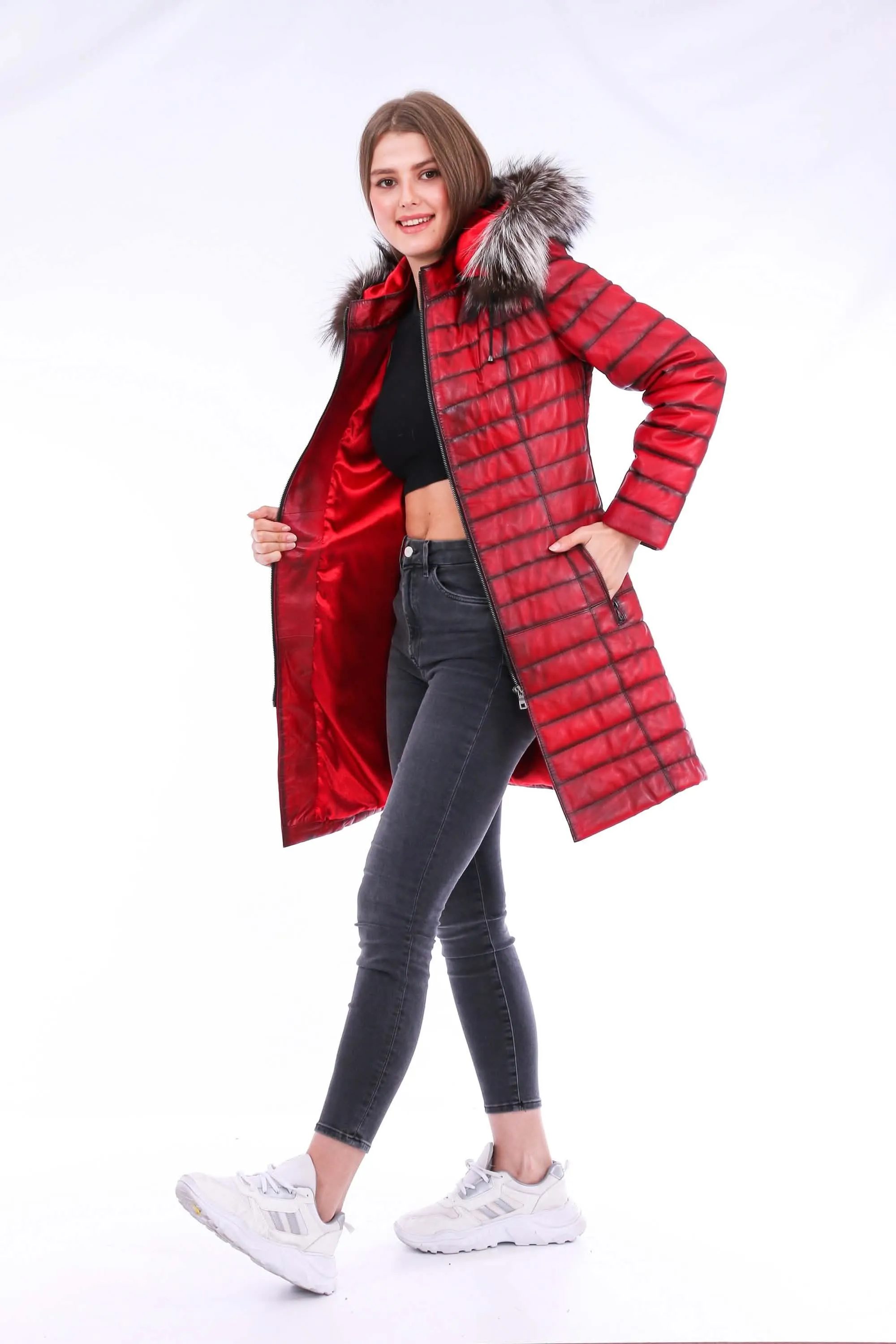 Chic Red Leather Trench Coat with Detachable Hood for Effortless Style