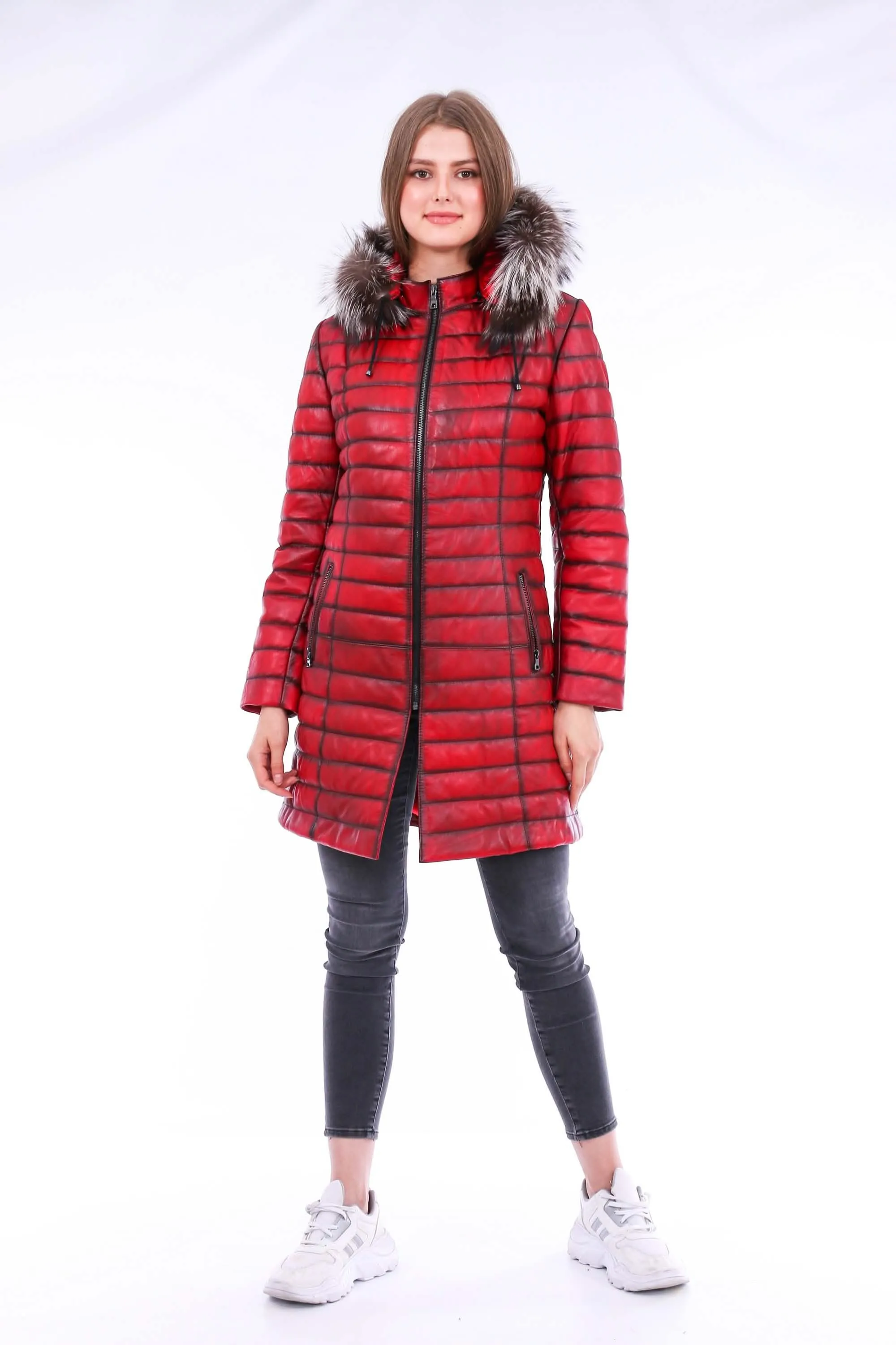 Chic Red Leather Trench Coat with Detachable Hood for Effortless Style