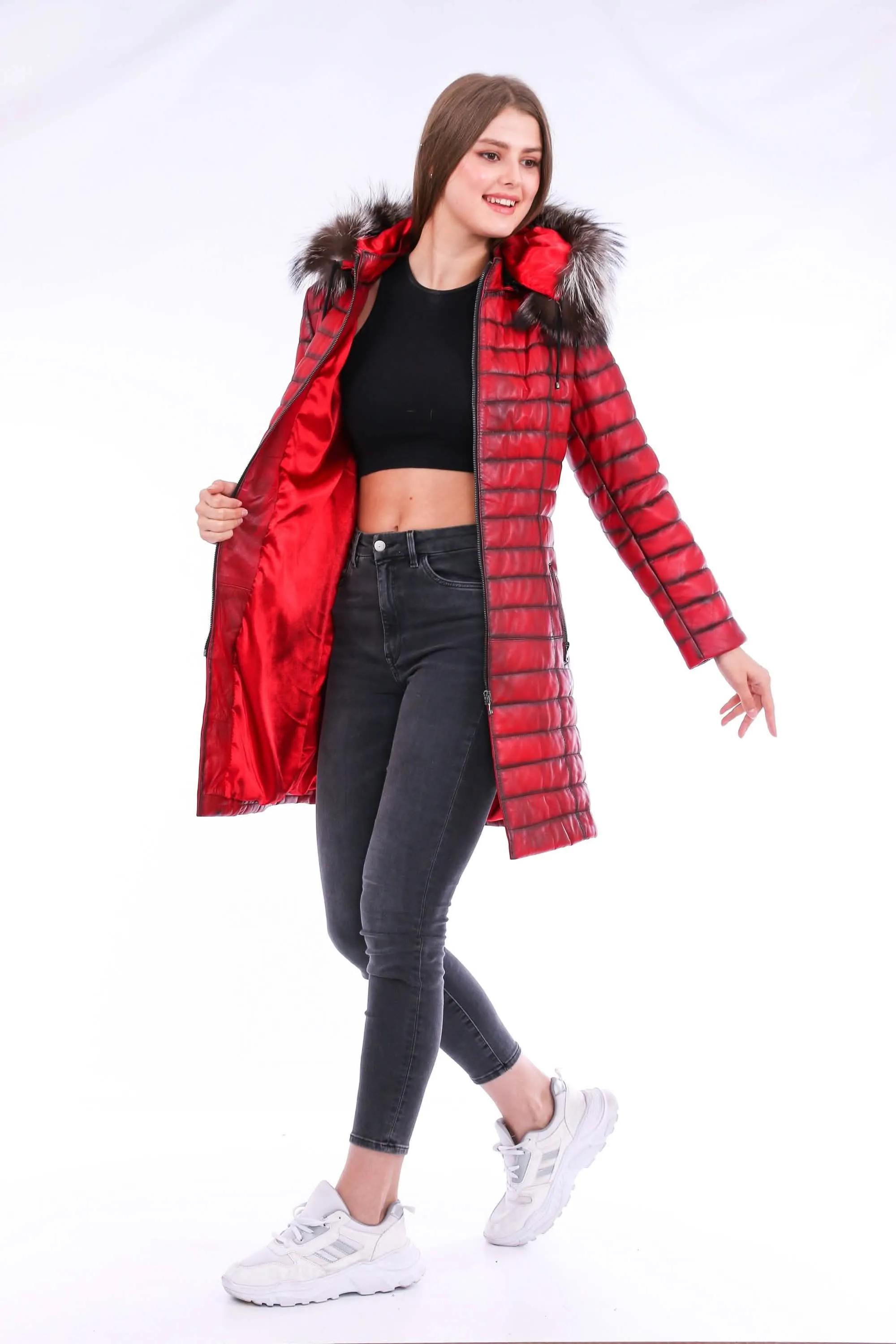 Chic Red Leather Trench Coat with Detachable Hood for Effortless Style