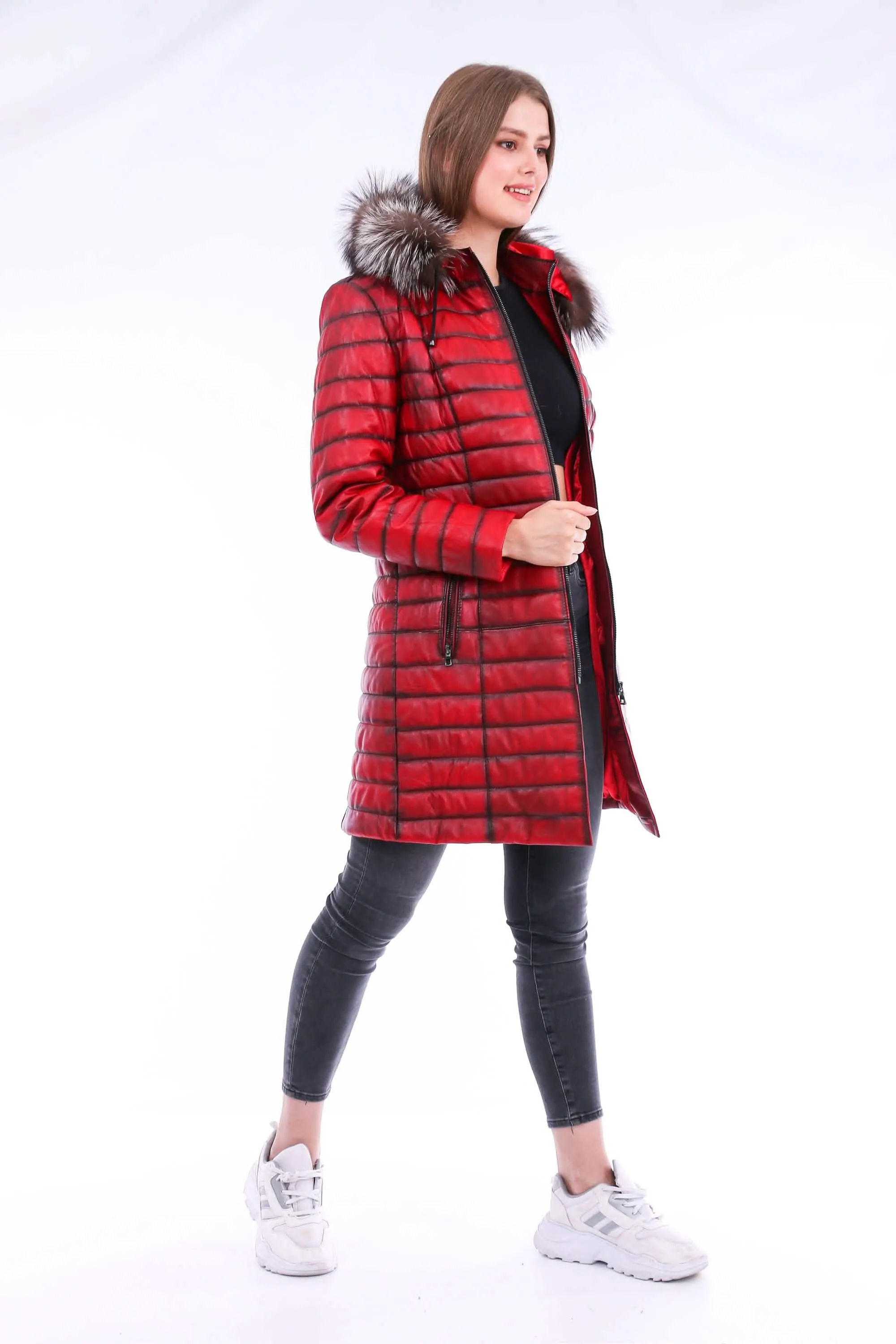 Chic Red Leather Trench Coat with Detachable Hood for Effortless Style