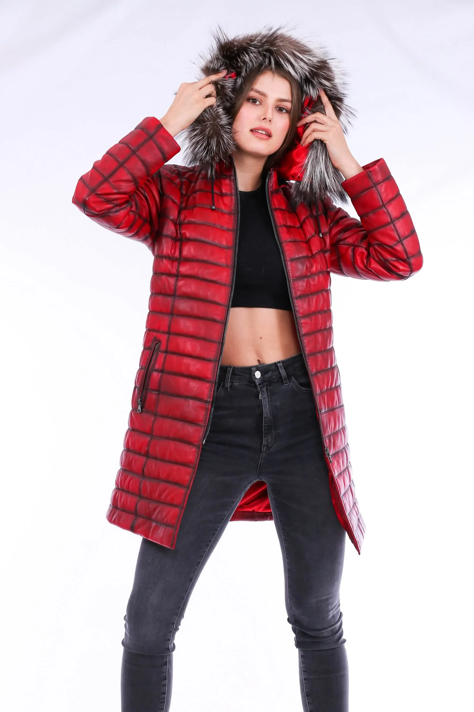 Chic Red Leather Trench Coat with Detachable Hood for Effortless Style