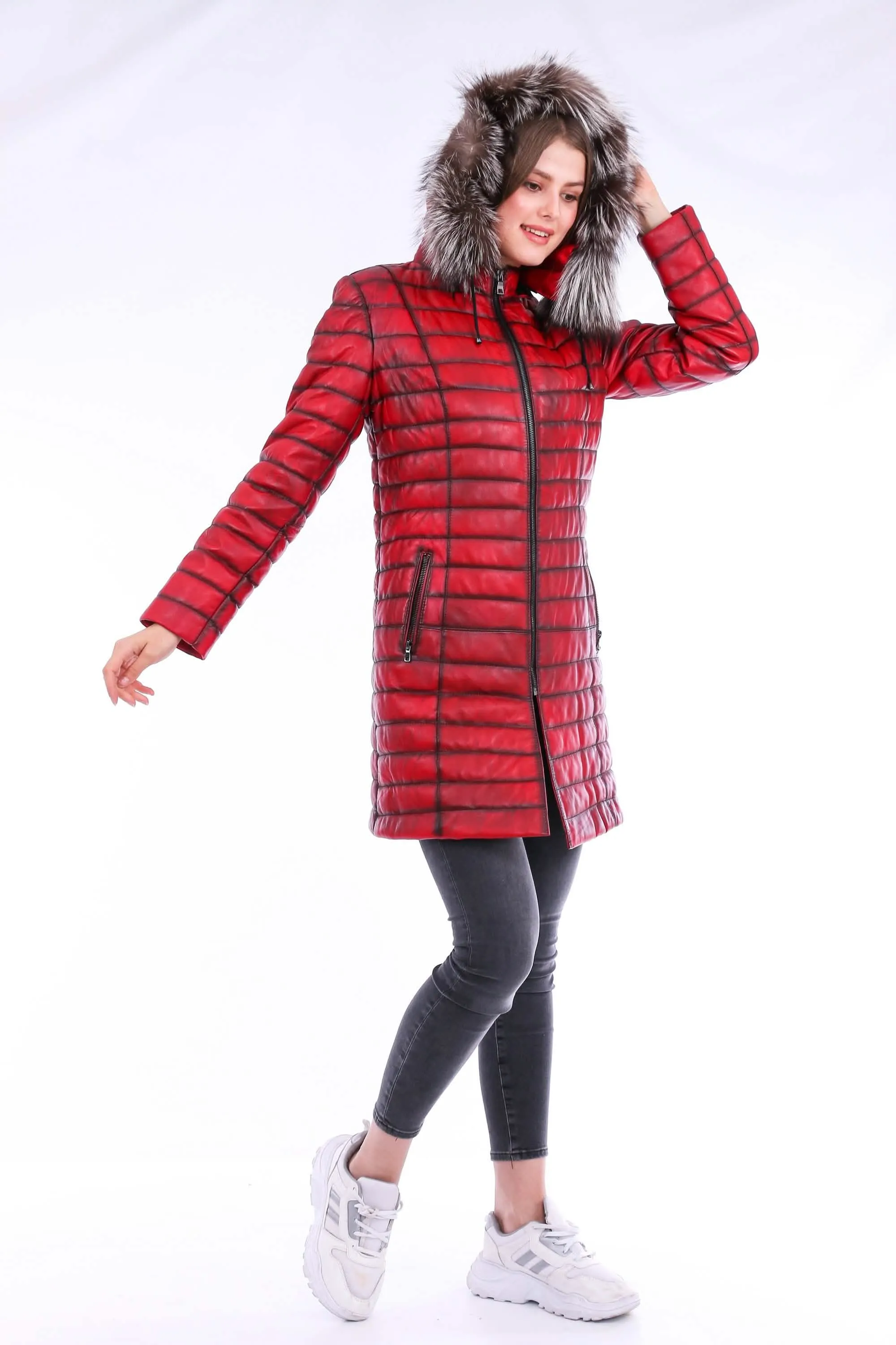 Chic Red Leather Trench Coat with Detachable Hood for Effortless Style