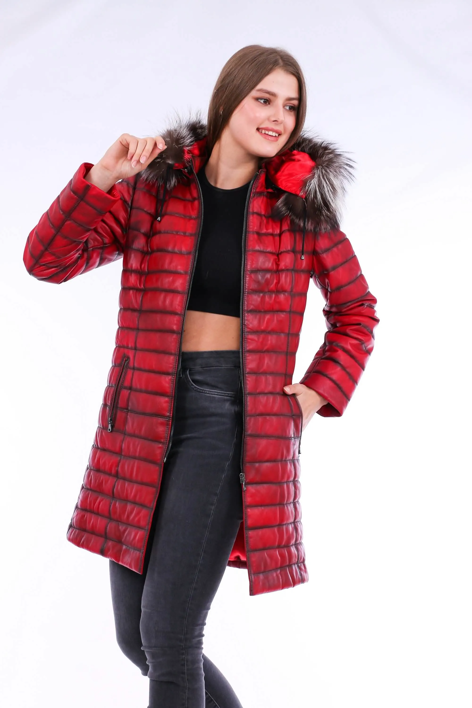 Chic Red Leather Trench Coat with Detachable Hood for Effortless Style
