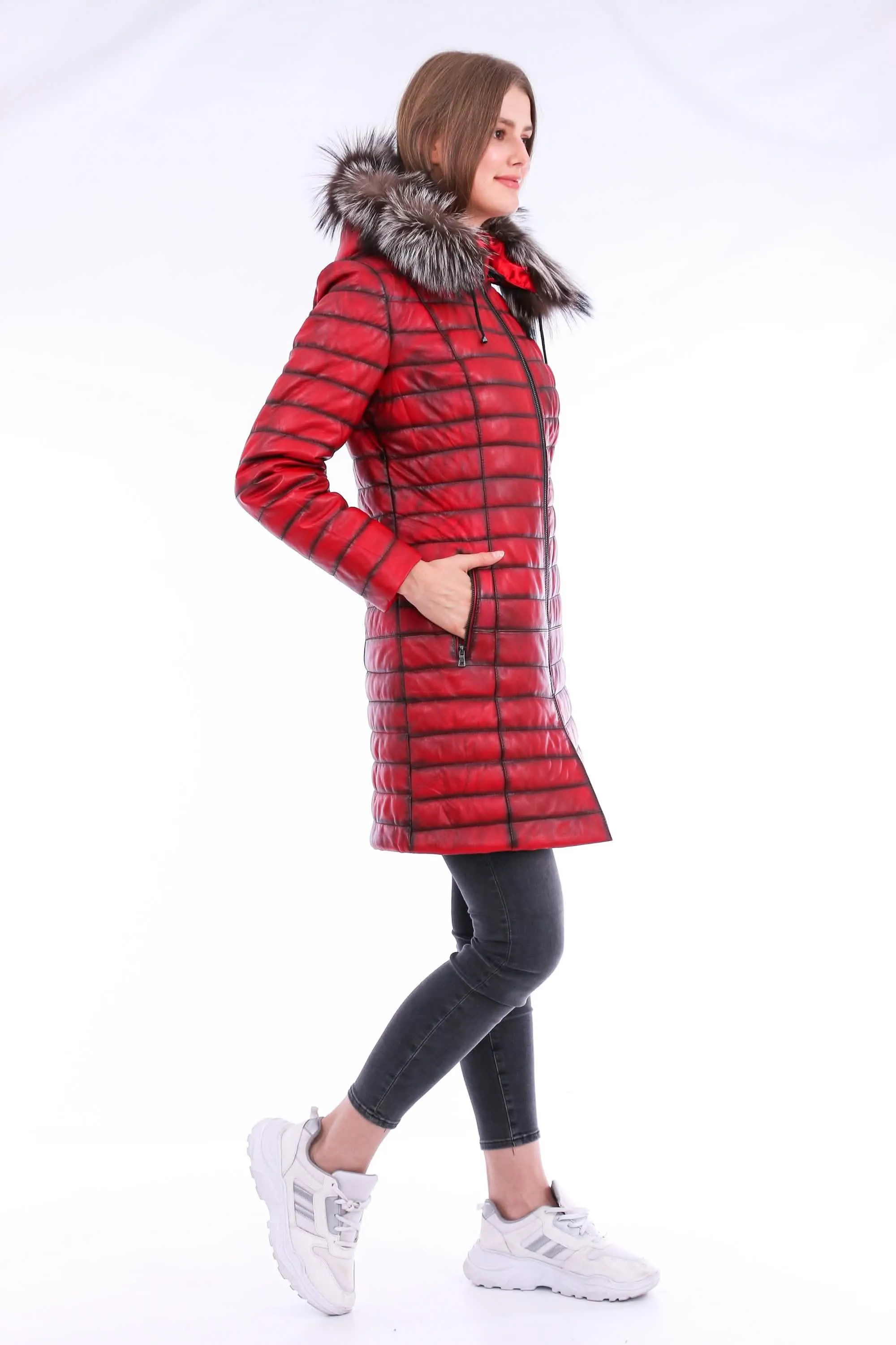Chic Red Leather Trench Coat with Detachable Hood for Effortless Style