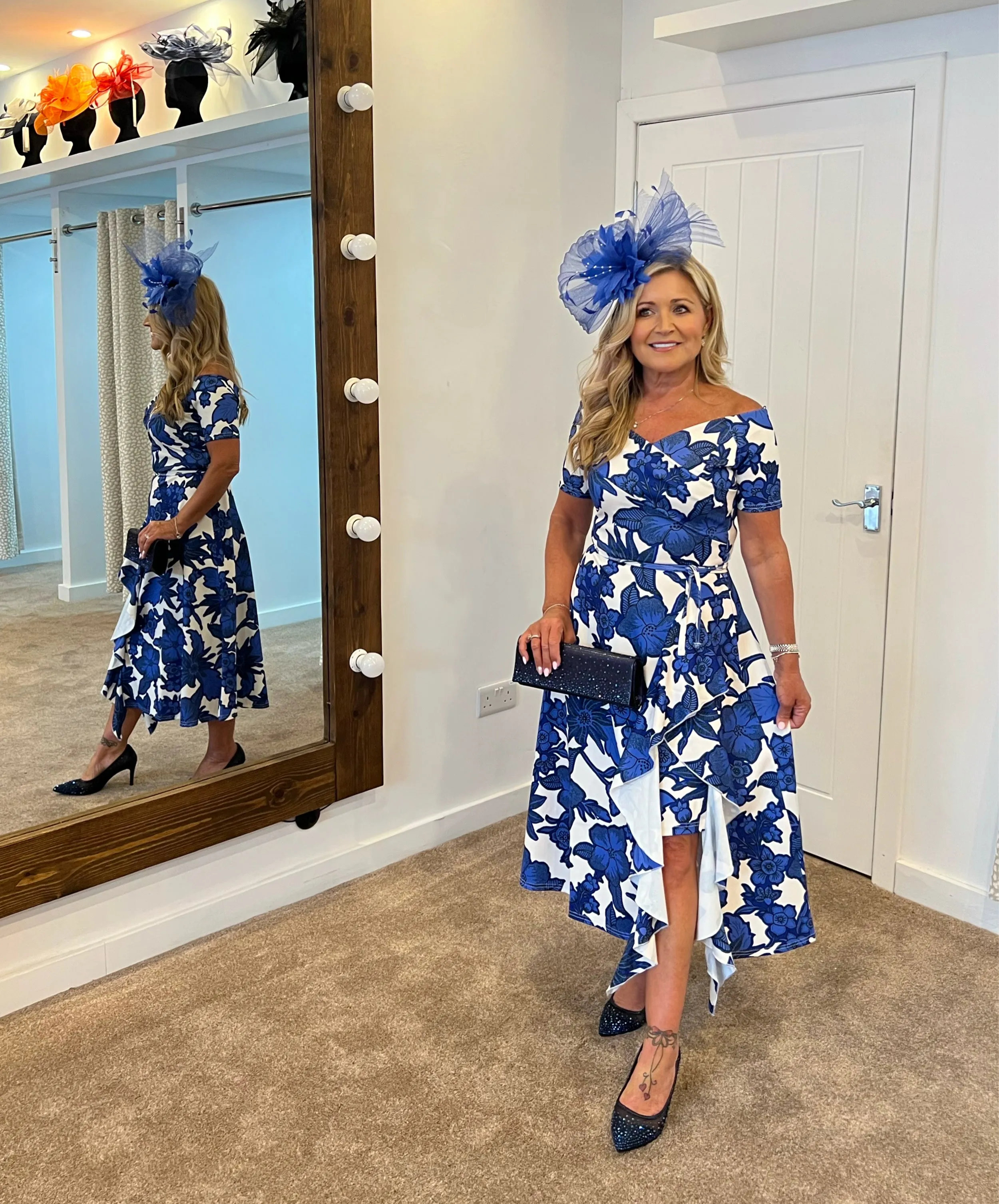 Claire ruffle crossover skater dress in royal and white