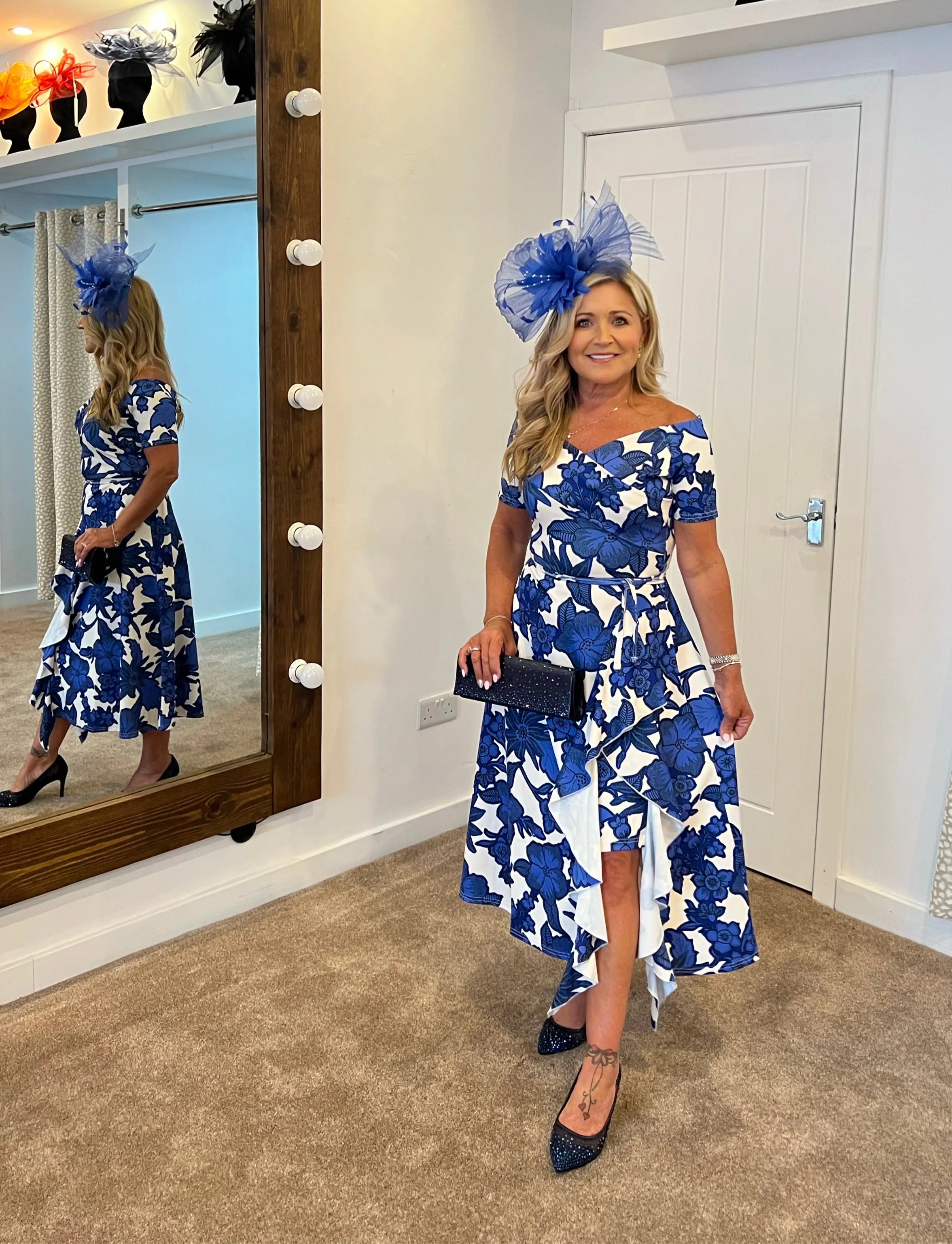 Claire ruffle crossover skater dress in royal and white