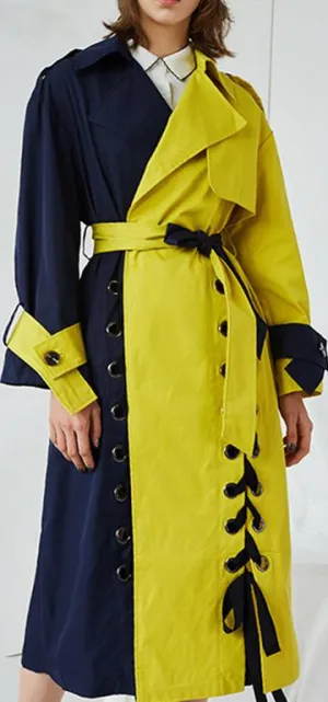 Color-Block Lace-Up Trench Coat
