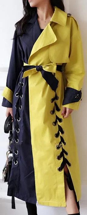 Color-Block Lace-Up Trench Coat