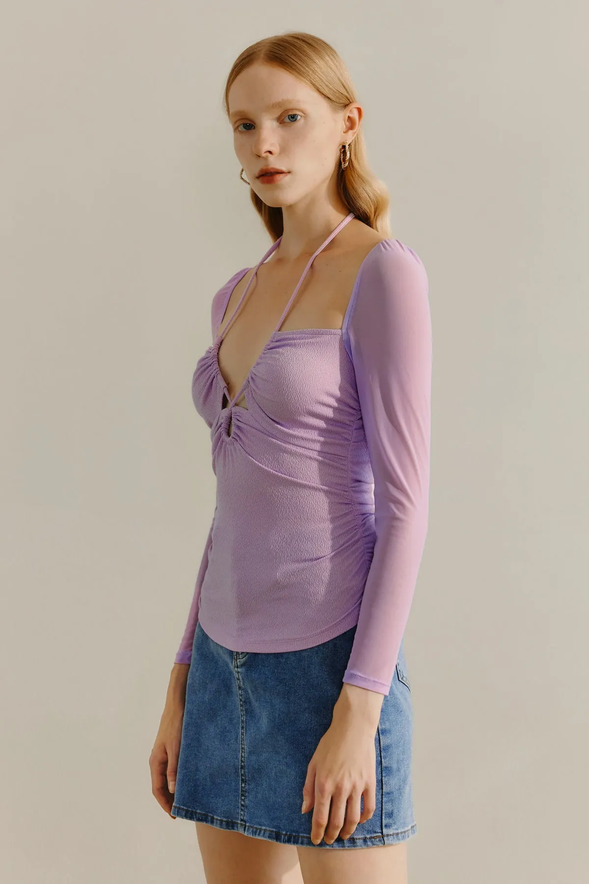 Drawstring Ruched Tie Neck Top