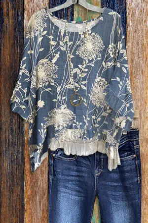 Dunnmall Crew Neck Print Ruffle Sleeve T-Shirt