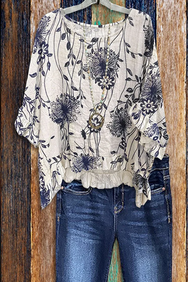 Dunnmall Crew Neck Print Ruffle Sleeve T-Shirt
