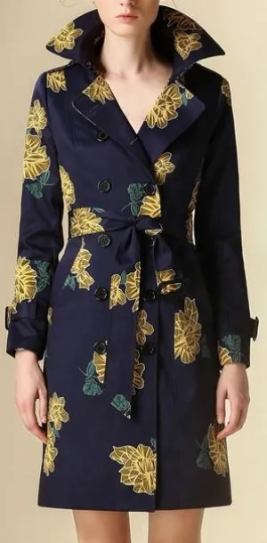 Floral Printed Trench Coat in Blue