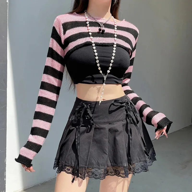 Harajuku Retro Short Knitted Sweater Smock Top Long Sleeve Pink Stripe Korean Style Pullover Autumn Coquette Clothing