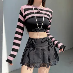 Harajuku Retro Short Knitted Sweater Smock Top Long Sleeve Pink Stripe Korean Style Pullover Autumn Coquette Clothing