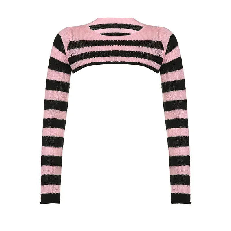 Harajuku Retro Short Knitted Sweater Smock Top Long Sleeve Pink Stripe Korean Style Pullover Autumn Coquette Clothing