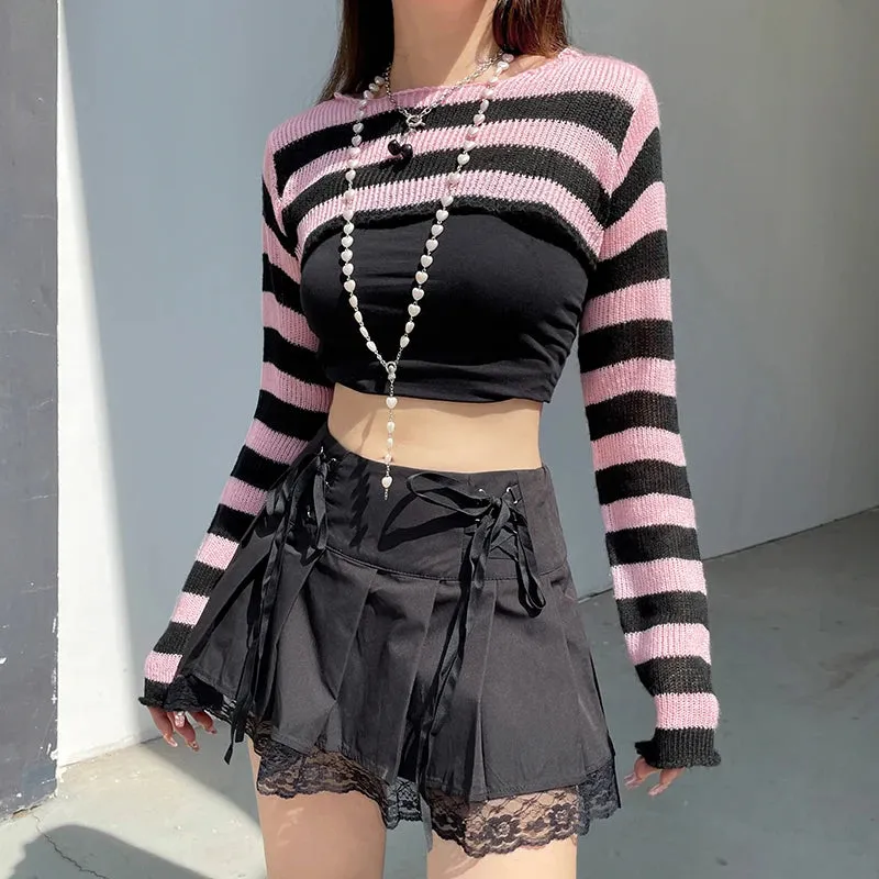 Harajuku Retro Short Knitted Sweater Smock Top Long Sleeve Pink Stripe Korean Style Pullover Autumn Coquette Clothing