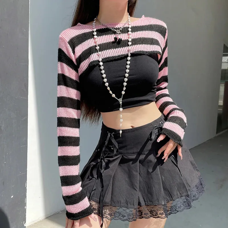 Harajuku Retro Short Knitted Sweater Smock Top Long Sleeve Pink Stripe Korean Style Pullover Autumn Coquette Clothing