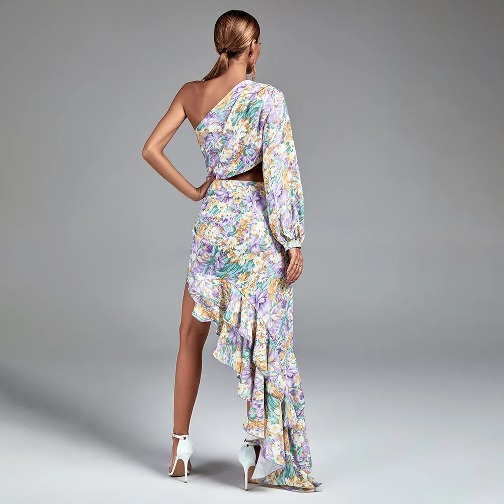 KIMBERLY One Shoulder Cut Out Maxi Flowers Dress