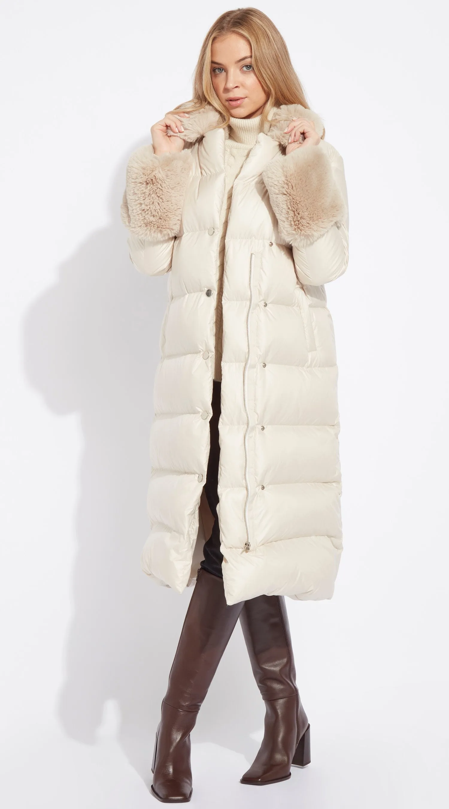 Luxy Long Faux Fur Trimmed Down Coat - Ecru