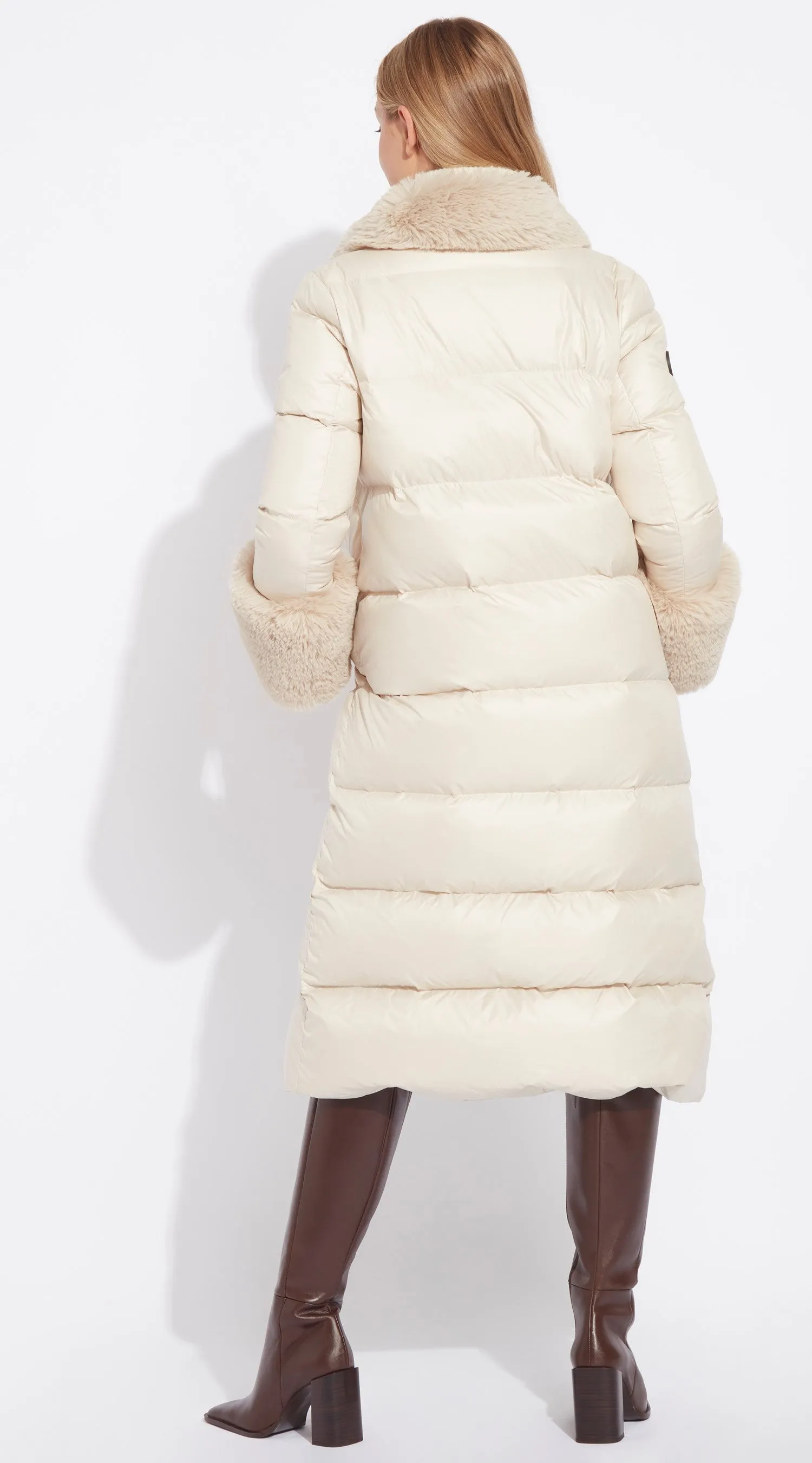 Luxy Long Faux Fur Trimmed Down Coat - Ecru