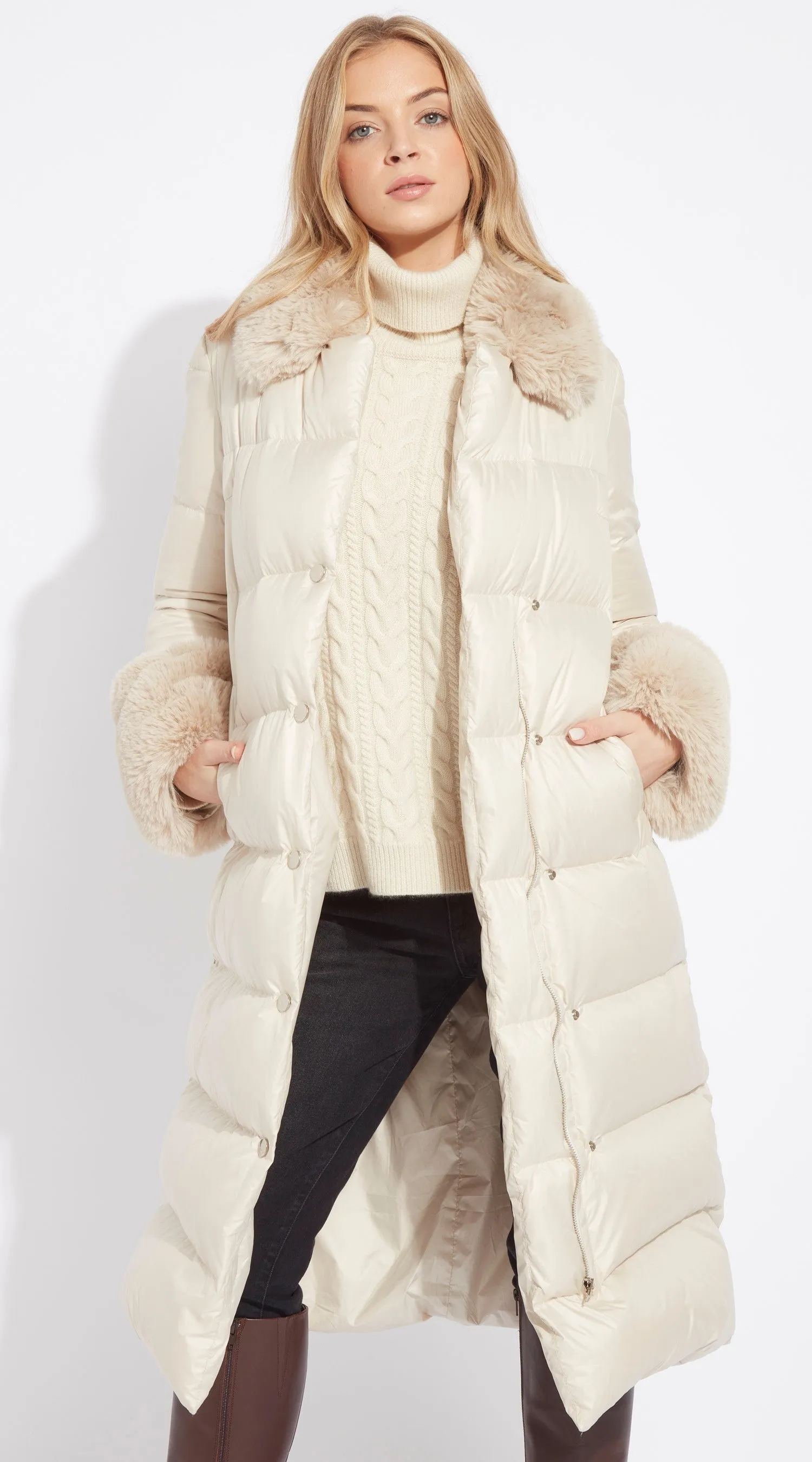Luxy Long Faux Fur Trimmed Down Coat - Ecru