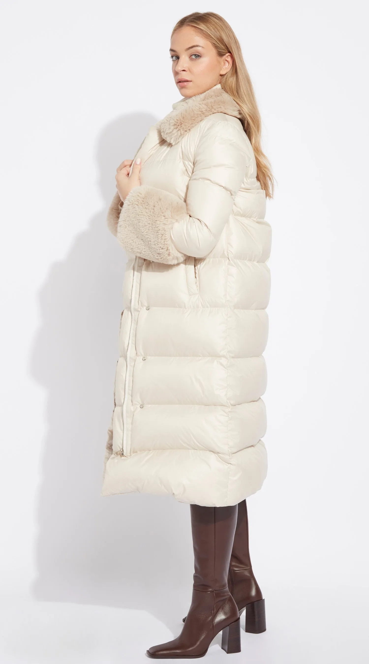 Luxy Long Faux Fur Trimmed Down Coat - Ecru