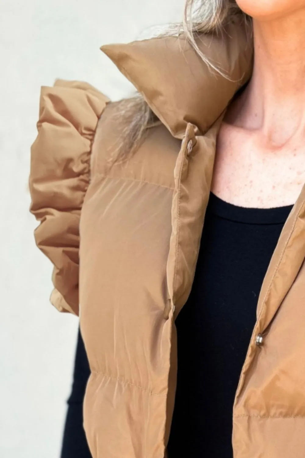MeiMei Ruffled Snap Down Mock Neck Vest Coat