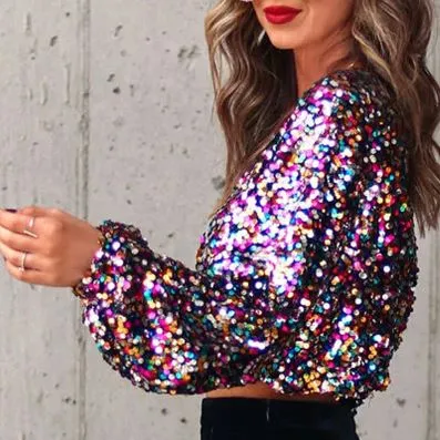 Multi Colour Sequin Lantern Sleeve Crop Top