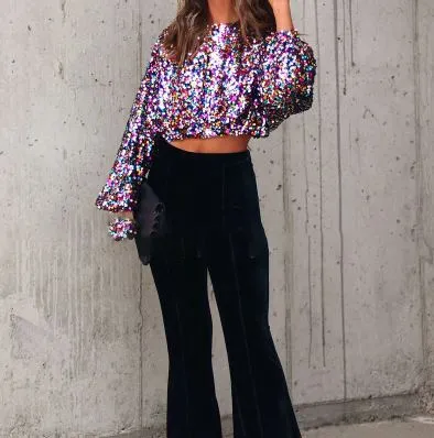 Multi Colour Sequin Lantern Sleeve Crop Top