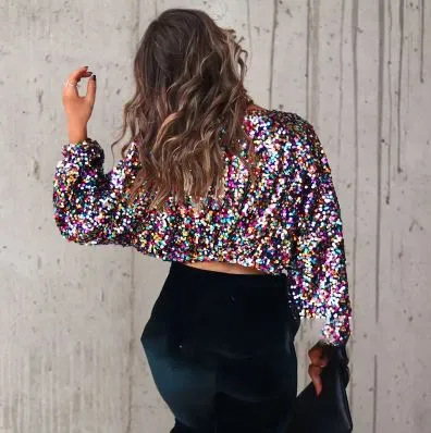 Multi Colour Sequin Lantern Sleeve Crop Top