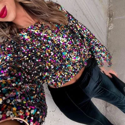 Multi Colour Sequin Lantern Sleeve Crop Top