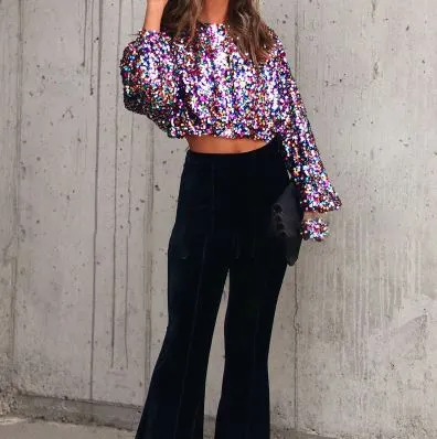 Multi Colour Sequin Lantern Sleeve Crop Top