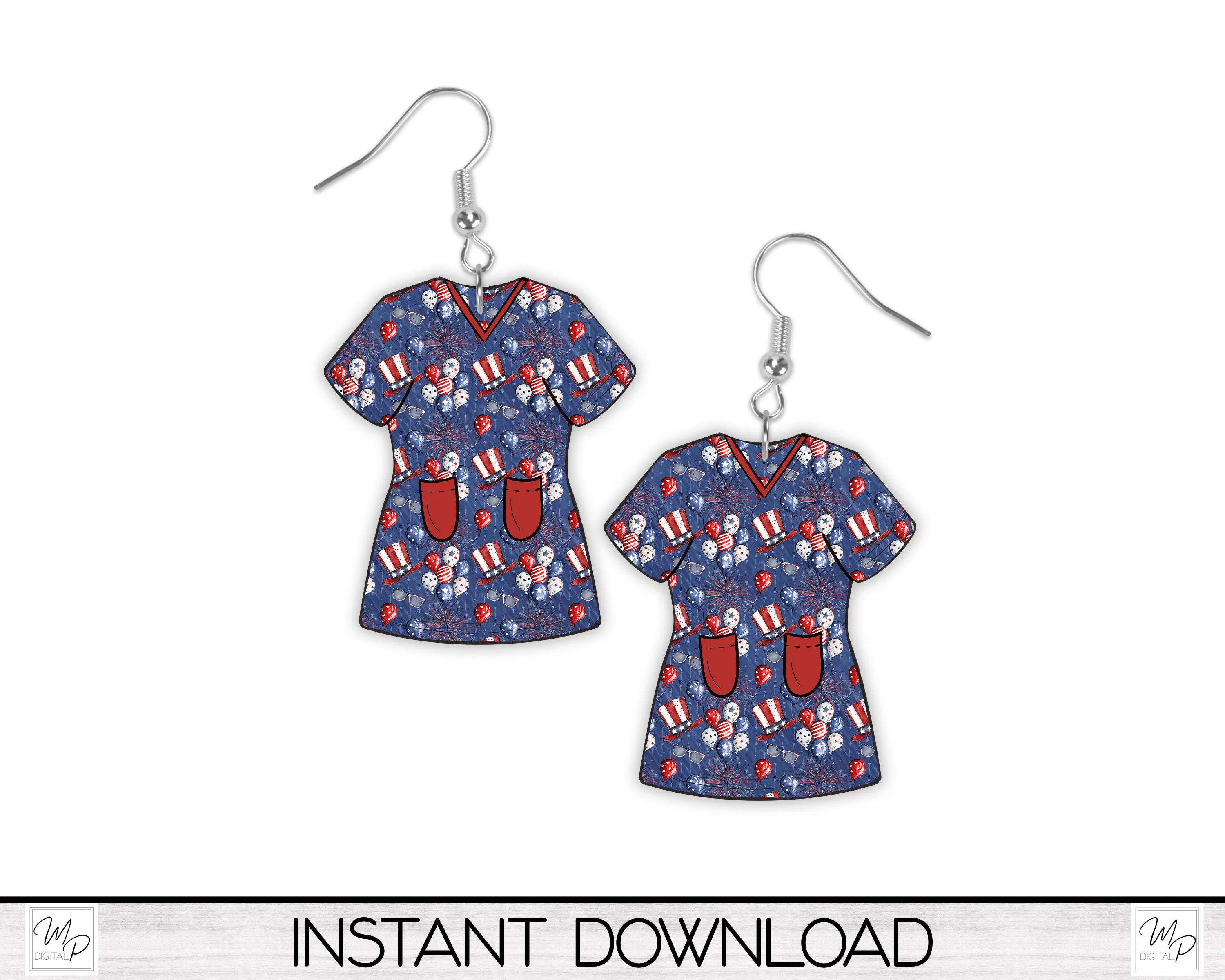 Patriotic July 4th Nurse Scrubs PNG Design for Sublimation, Earrings, Keychain, Signs, Digital Download