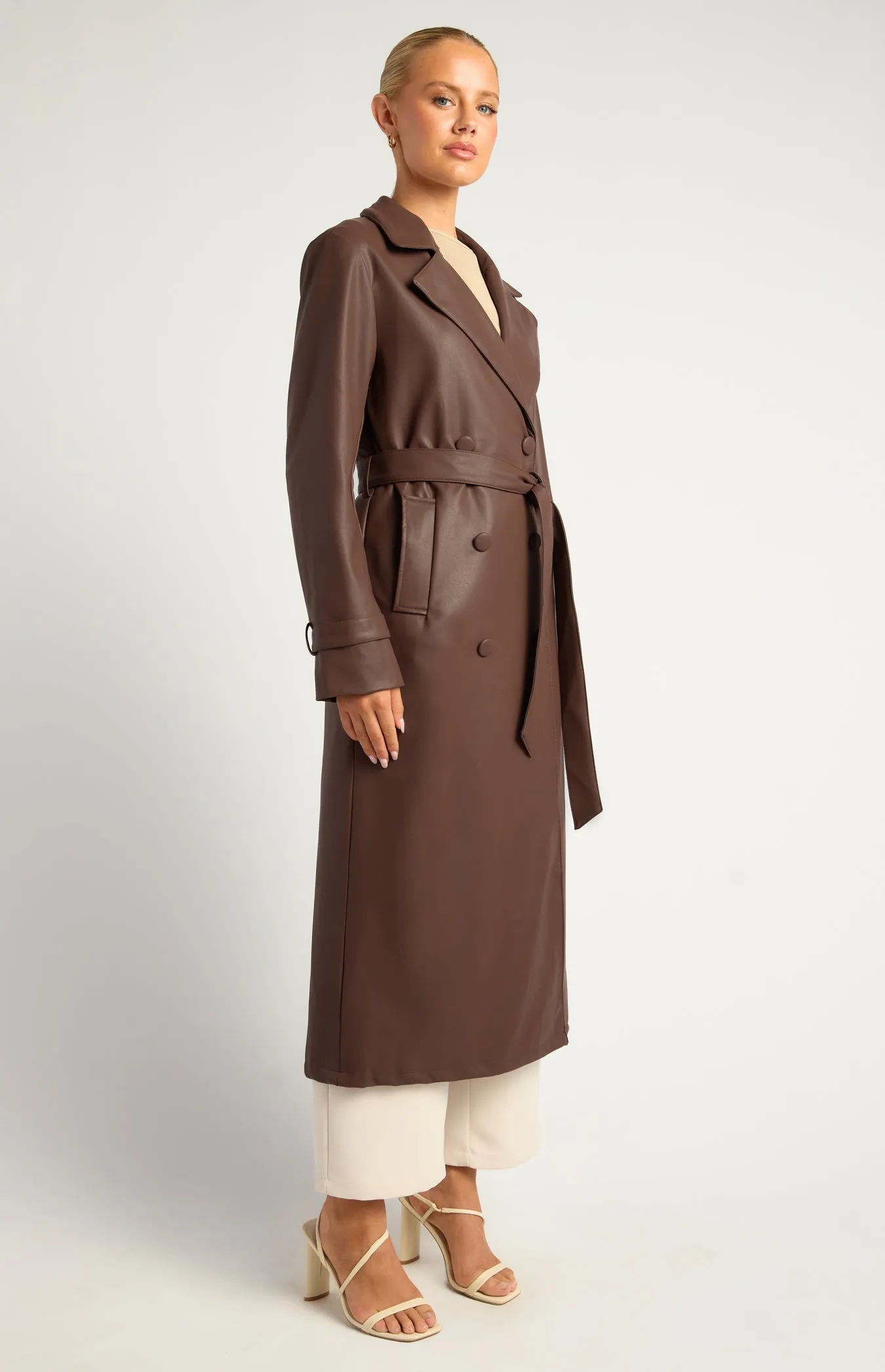 Ravenna Faux Leather Trench Coat - Dark Chocolate