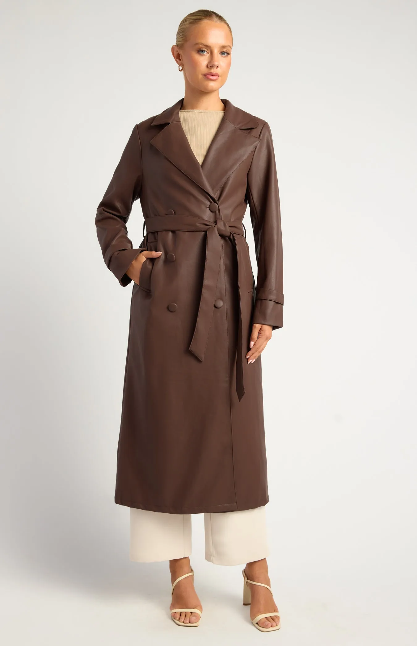 Ravenna Faux Leather Trench Coat - Dark Chocolate