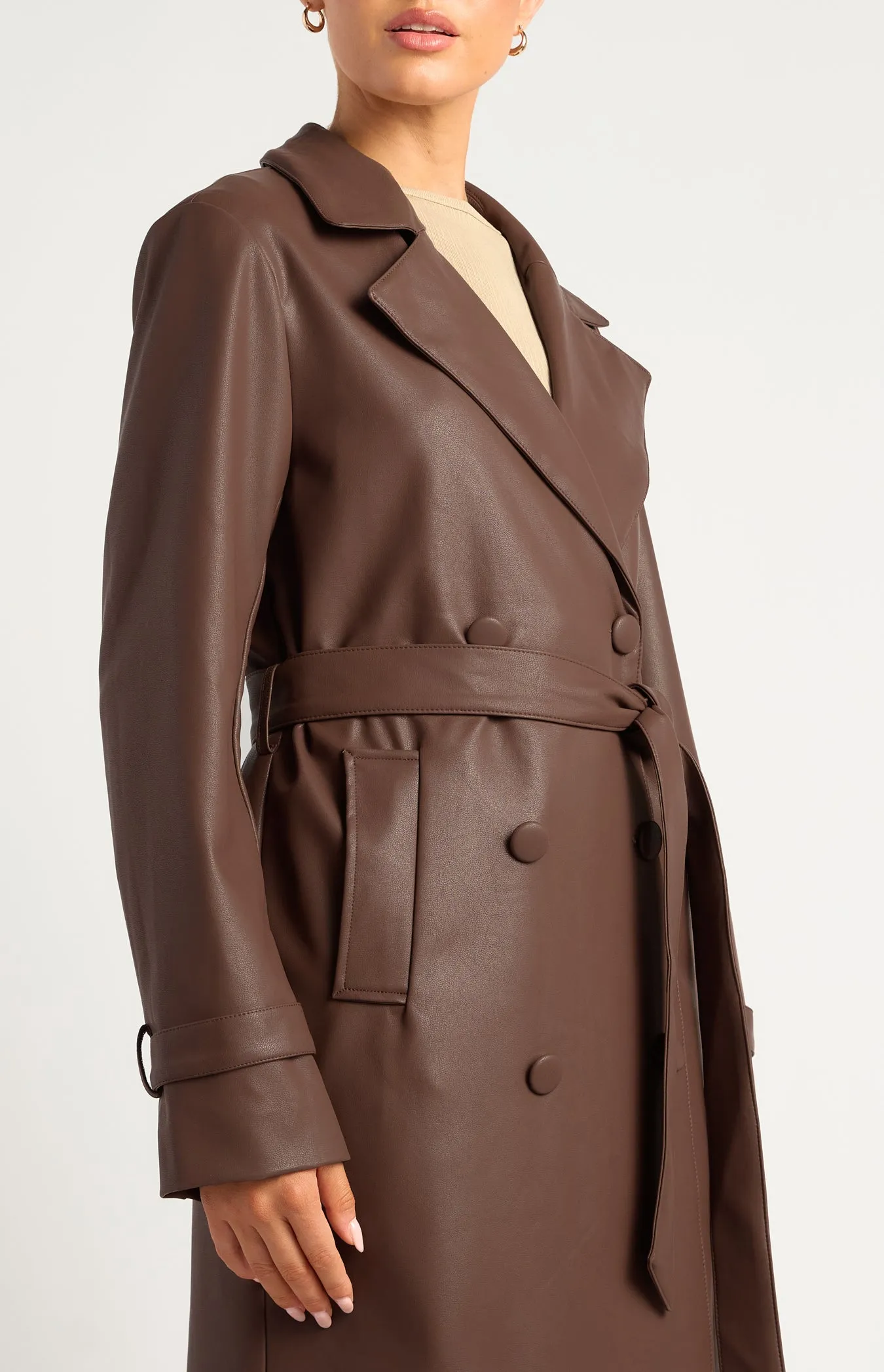 Ravenna Faux Leather Trench Coat - Dark Chocolate
