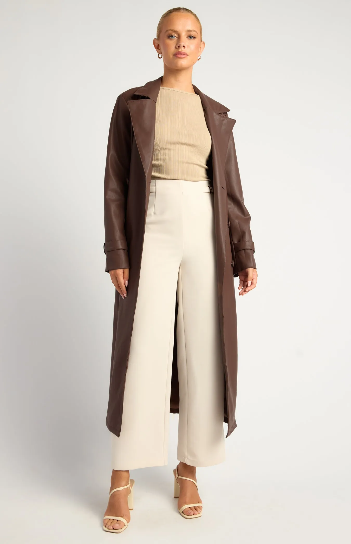 Ravenna Faux Leather Trench Coat - Dark Chocolate