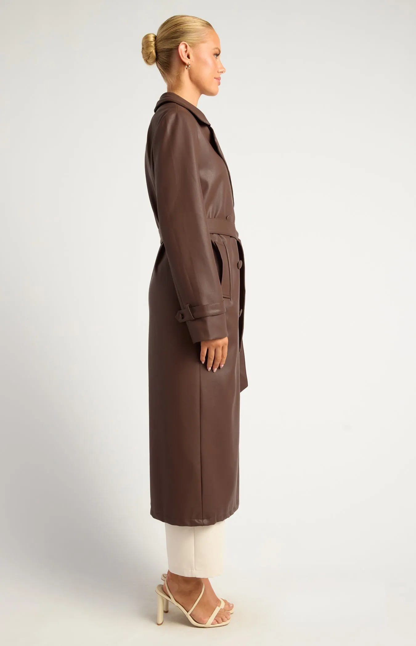 Ravenna Faux Leather Trench Coat - Dark Chocolate