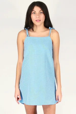 Ribbon Square Neck Dress - Baby Blue Gingham