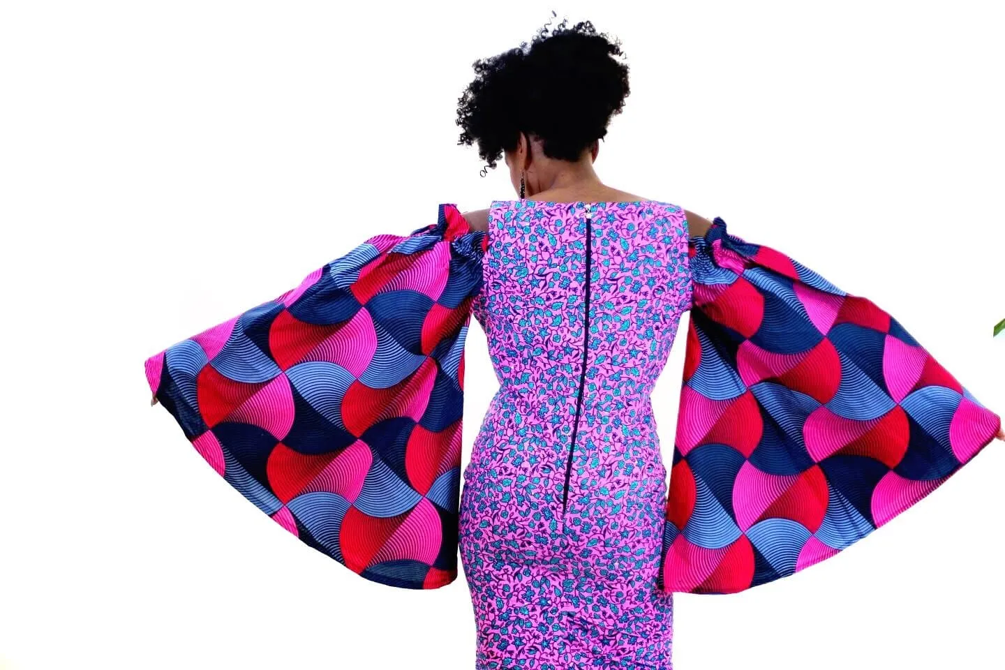 Rikka - Embellished Pink African Print Ankara Fitted Dress with Cut-out Sleeves