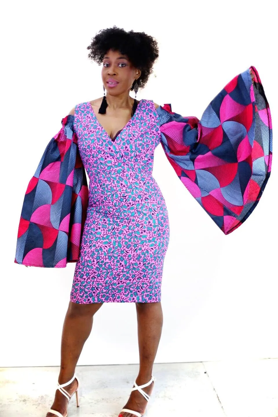 Rikka - Embellished Pink African Print Ankara Fitted Dress with Cut-out Sleeves