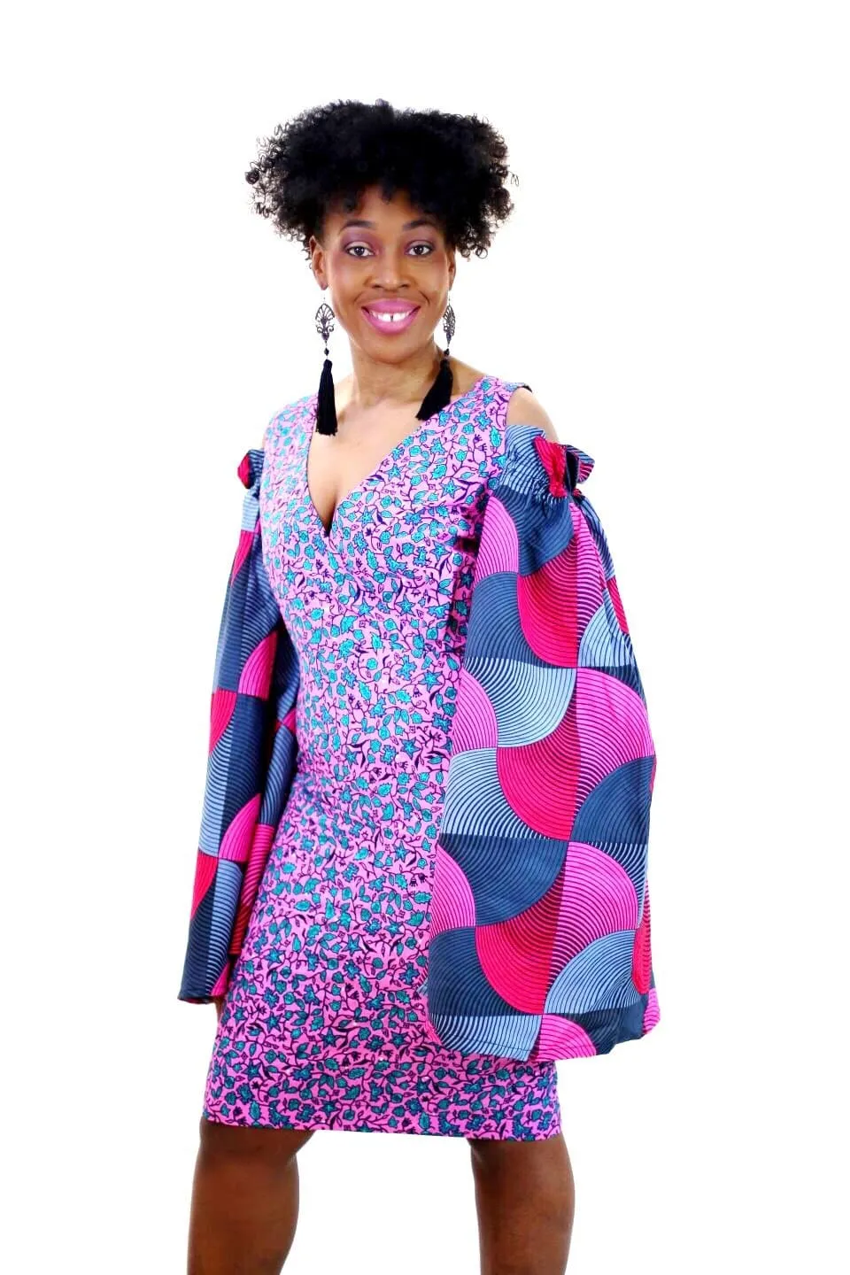 Rikka - Embellished Pink African Print Ankara Fitted Dress with Cut-out Sleeves